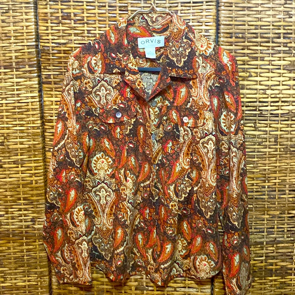 EUC ORVIS 100% silk, brown red Paisley button up jacket or blouse M